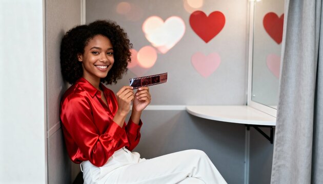 Smiling young Black woman holding a film strip in a photo booth. Happy woman in red satin shirt with heart decorations. Nostalgia and photography concept