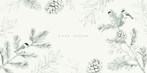 Winter botanical illustration featuring pinecones branches and small birds © Prince