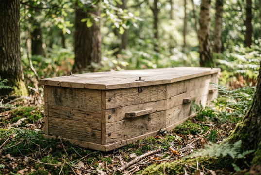 Rustic wooden coffin in a forest for a green burial. Eco-friendly casket made of natural timber on the woodland floor. Sustainable funeral concept in nature
