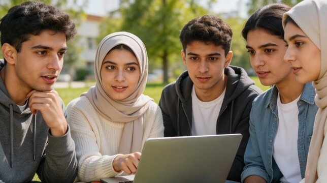Diverse group of students collaborating on a laptop outdoors. Young people in hijabs and casual wear studying together in a park. Education and teamwork concept