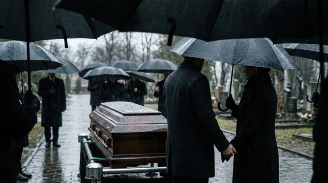 Funeral service in a cemetery on a rainy day. Mourners with black umbrellas gathered around a wooden casket. People grieving at a burial ceremony in a graveyard