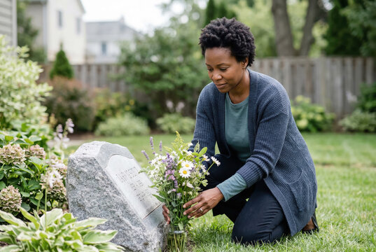 Black woman placing flowers at a grave in a backyard. Memorial for a pet cat with headstone and wildflowers. Grief and remembrance concept