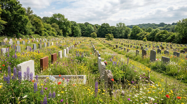 Natural burial ground with headstones in a wildflower meadow. Eco-friendly cemetery with lupines and poppies. Memorial park in a rural landscape surrounded by forest
