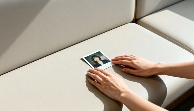 Hands holding an instant photo on a beige leather sofa. Nostalgic memory concept with instant film portrait. Close up of person touching a photograph in natural sunlight