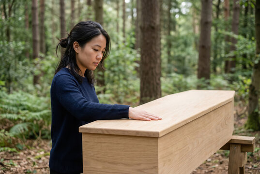 Asian woman touching a wooden coffin in a forest. Natural burial and eco-friendly funeral concept. Mourning and grief in a woodland cemetery. Simple casket made of natural materials