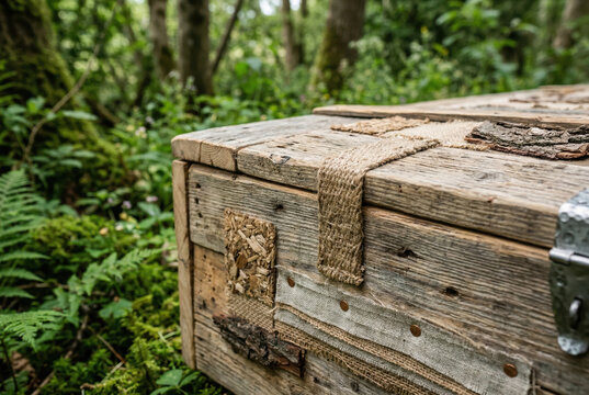 Rustic wooden coffin made of natural materials in a green forest. Eco-friendly burial chest with bark and burlap textures. Sustainable funeral concept