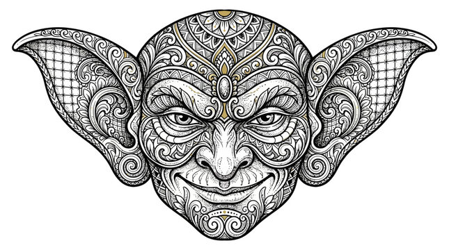 Intricate Goblin Face Tattoo Design with Mandala Patterns and Gold Accents