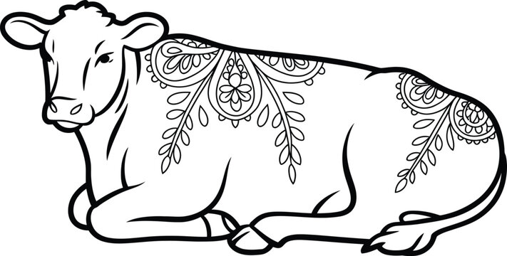 Black and white cow illustration, henna cow design, line art cattle, decorative animal