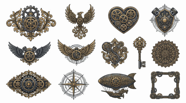 A premium collection of 12 steampunk style vector elements featuring mechanical gears, metallic wings, phoenix bird, key, heart clockwork, airship zeppelin, compass, and ornate frames.