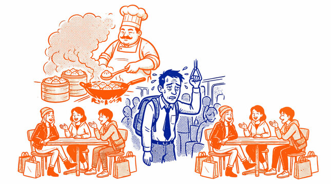 Overwhelmed Commuter Amidst Busy Food Court and Dining Scenes