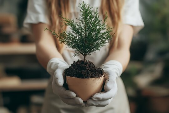 Person Holding Small Potted Christmas Tree in Hands Indoor Natural Light