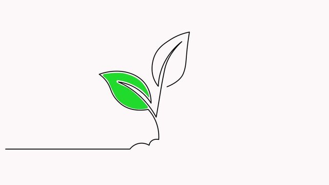 Continuous single-line drawing animation of a green plant sprout growing from the soil on a white background.