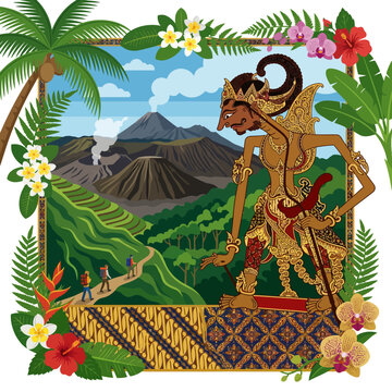 Wayang Golek puppet with Indonesian landscape, volcanoes, rice terraces, and tropical flowers