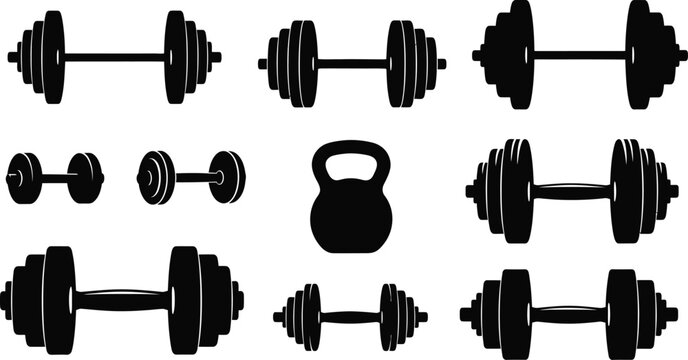 Black silhouettes of dumbbells and kettlebell for fitness