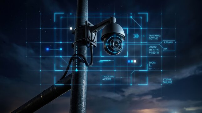 Security camera monitoring city street at night. Digital surveillance system with augmented reality object tracking interface. Cyber crime prevention and urban safety technology concept.