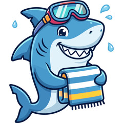 Naklejka premium A smiling cartoon shark wearing goggles and holding a towel underwater.