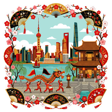 Shanghai skyline with dragon dance and traditional architecture, Chinese New Year celebration