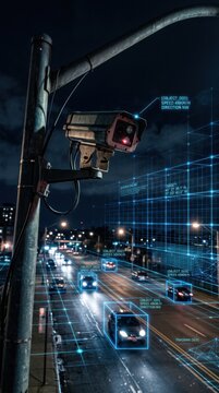 Security camera monitoring traffic flow with digital overlay tracking vehicles on city street. Futuristic artificial intelligence system for automated urban road safety and surveillance.