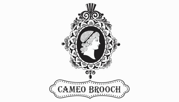 Very beautiful black-and-white engraved vector illustration featuring CAMEO BROOCH with intricate carved details, ornate frame patterns, and a decorative label reading "CAMEO BROOCH", isolated on whit
