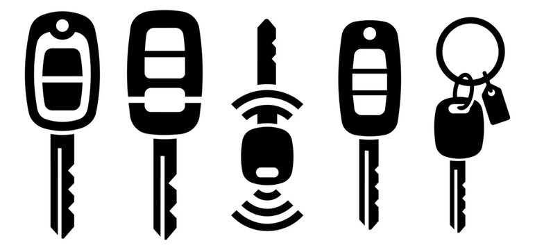 Collection of car key icons, set of automobile fobs and traditional ignition key silhouettes