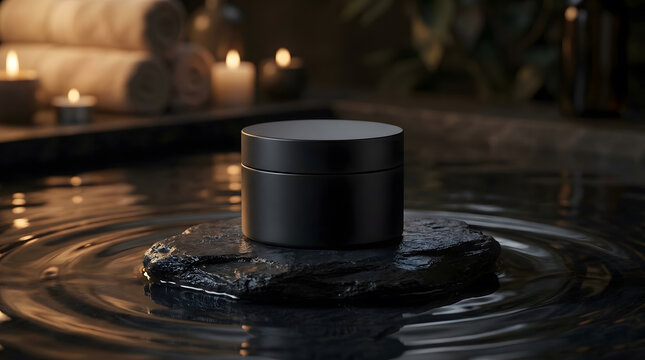 Black Cosmetic Jar Mockup on Stone in Spa Water.