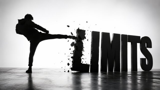 A determined silhouette of a person delivers a strong kick, shattering the concrete word 'LIMITS' into pieces, symbolizing overcoming obstacles and boundaries