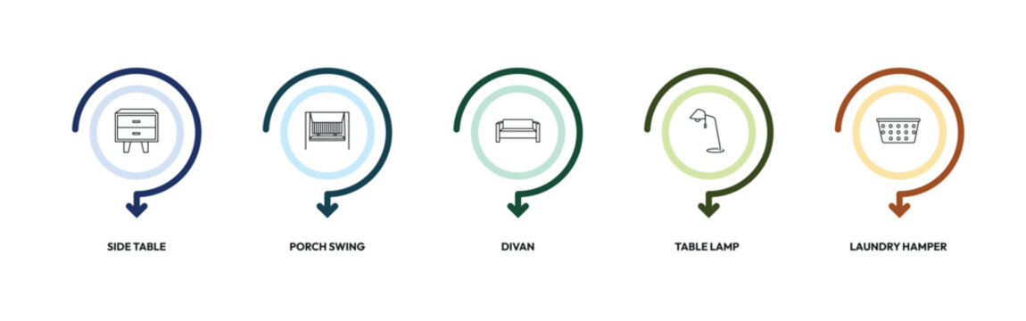 furniture outline icon set. side table, porch swing, divan, laundry hamper and more. linear vector collection. editable stroke