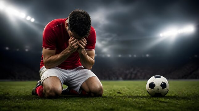 Soccer Player Kneeling in Despair on a Stadium Field with a Football Nearby