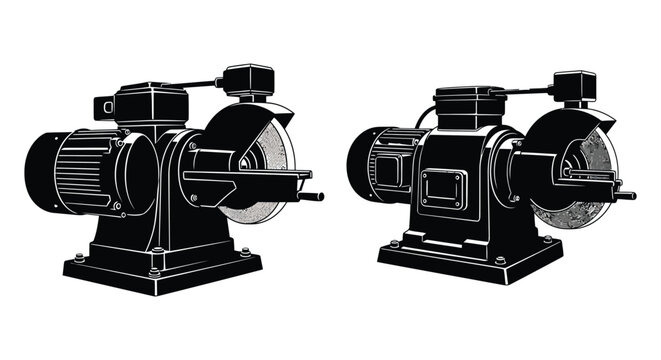 Bench grinder illustration black and white technical drawing style