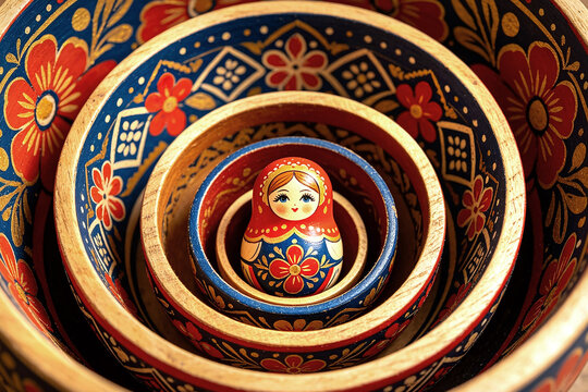 Top view Russian matryoshka wooden doll