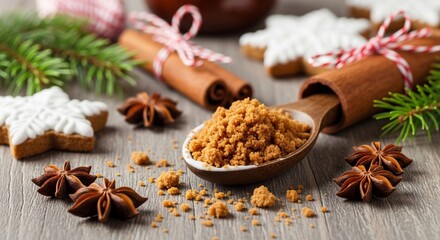 Fototapeta premium Close-up view of granular gingerbread spice mixture in a wooden spoon with festive holiday ingredients