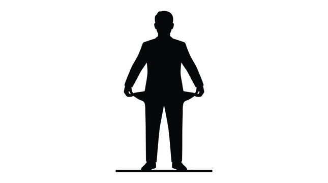 Professional businessman silhouette showing empty pockets in a minimal black and white vector graphic illustration