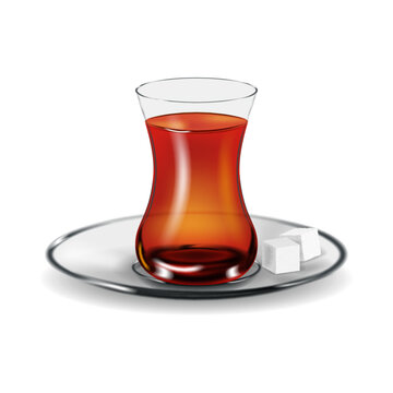 Traditional turkish tea glass 3d realistic vector filled with hot fragrant black tea on a glass saucer with two white sugar cubes for cafe menu and food design.