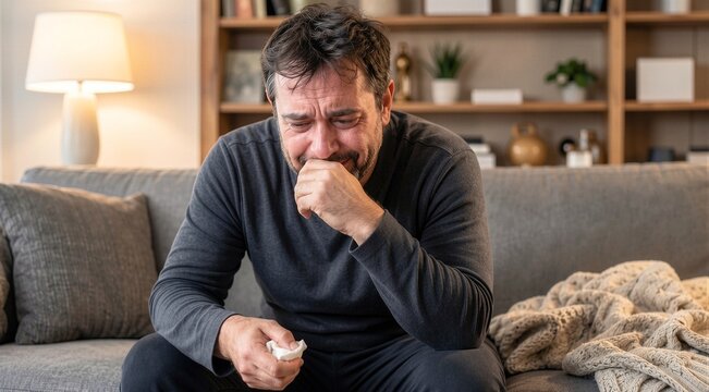 Sad middle aged man crying on sofa