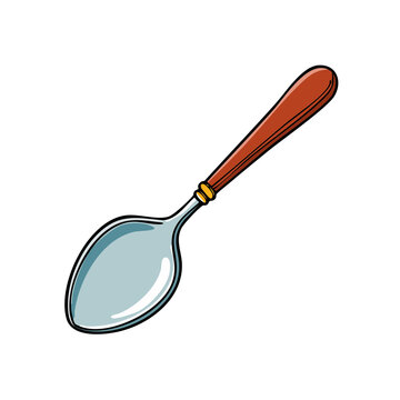 Illustrated wooden handle metal spoon with bright reflections, a simple kitchen utensil for eating and cooking