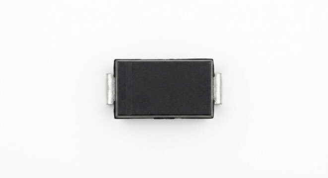 Extreme macro of a bare SMD electronic diode with a black body and silver solder pads, isolated on a white background.