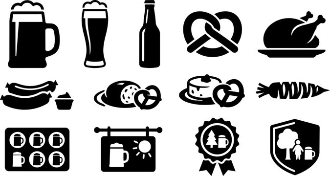 Beer Garden Food and Bavarian Hospitality Silhouette Icon Set
