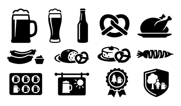 Beer Garden Food and Bavarian Hospitality Silhouette Icon Set