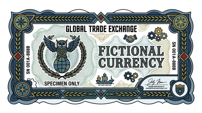 Specimen of fictional currency note design.