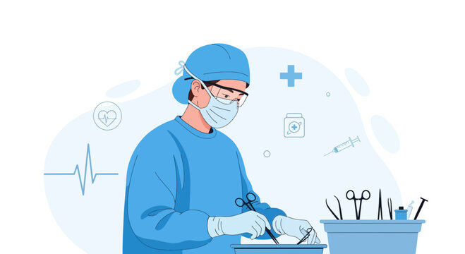 Surgeon in blue scrubs and mask performing surgery with medical instruments