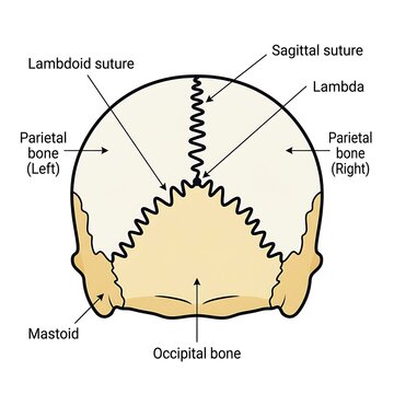 Human skull anatomy with cranial sutures labeled.