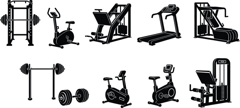 Gym equipment icons set