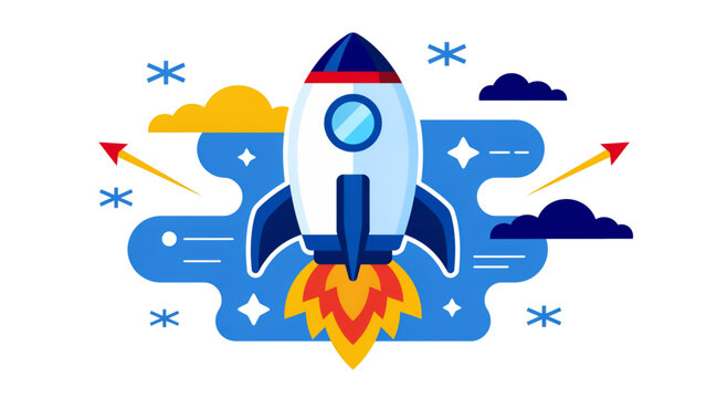 Pixel art rocket flying into space with clouds and stars