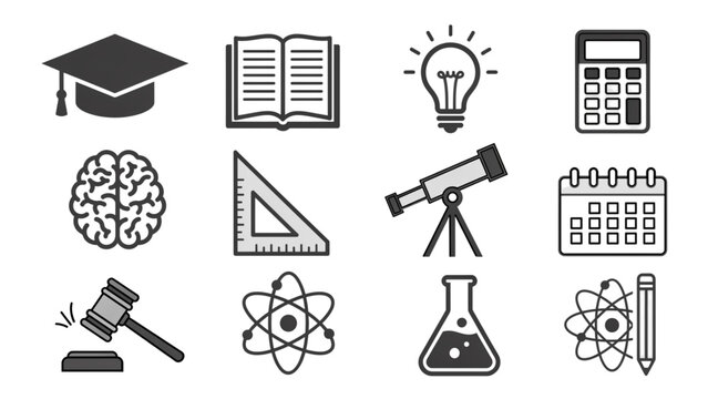Set of education and science pixel art icons including school graduation cap book lightbulb calculator brain ruler telescope calendar gavel atom flask and rocket