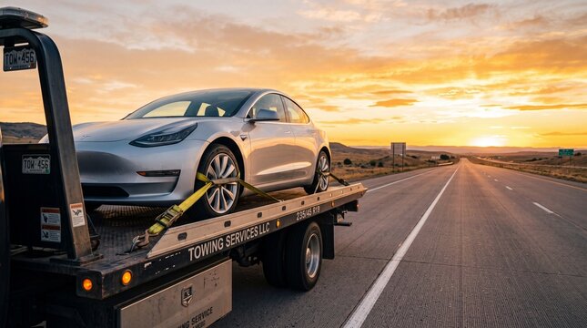 Silver car being towed on a flatbed truck at sunset on a desert highway