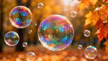 Fototapeta premium Soap bubbles floating over autumn park with colorful leaves