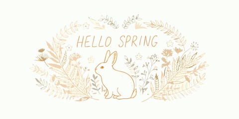 Rabbit And Floral Ornament Delicate Golden Line Drawing © Sukla