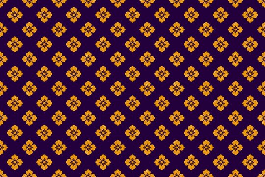 Luxury Southeast Asian Seamless Textile Design. Traditional Golden Songket Floral Pattern. Royal Purple and Gold Thai Silk Ornament
