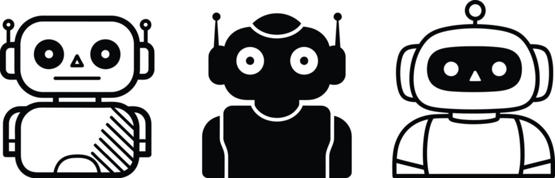 Three cartoon robot characters in black and white