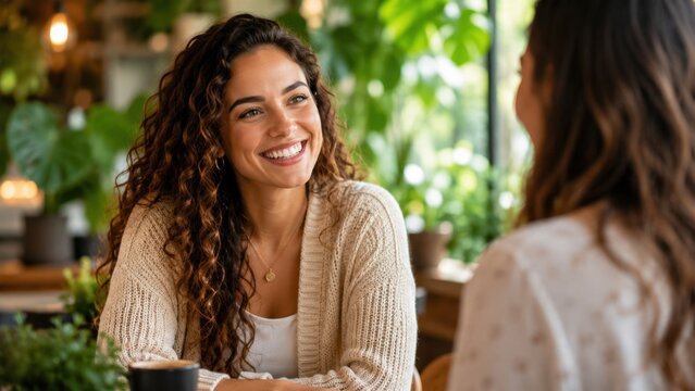 Young woman smiling while talking with friend in cozy cafe